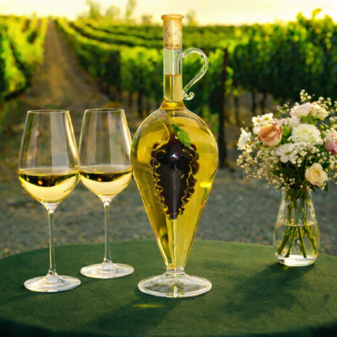 Carafă decorativă cu un ciorchine de struguri umplut cu vin roșu în interior (0,5 l)